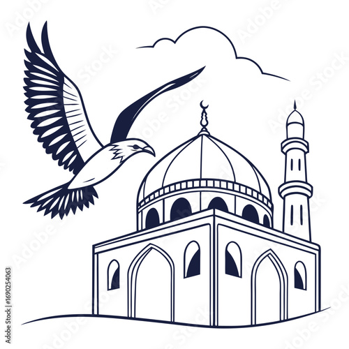 An eagle soars above a mosque a symbol of freedom and faith creating a powerful image of peace and spirituality in islamic culture