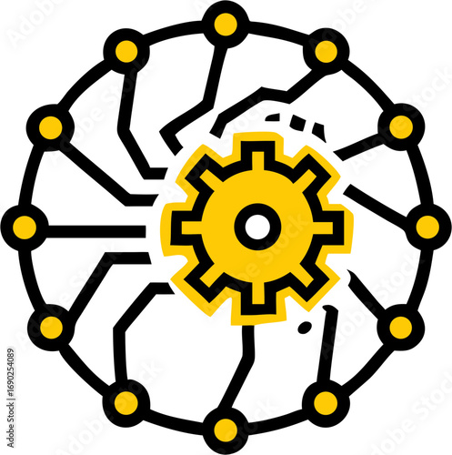An interconnected network of circuits and nodes surrounds a central yellow gear representing innovation technology and mechanical engineering