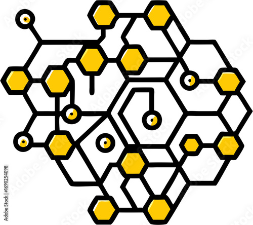 Abstract interconnected network of yellow hexagons and circles forming a complex digital data structure representing artificial intelligence technology