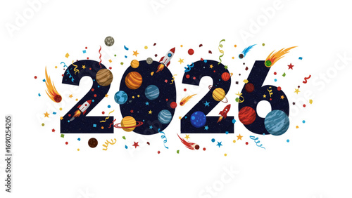 2026 New Year Celebration in Outer Space with Planets, Stars, Rockets, and Floating Confetti