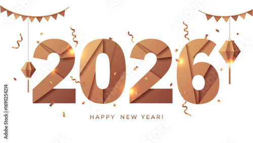 Origami-Inspired 2026 New Year Design with Folded Paper Lanterns and Festive Streamers