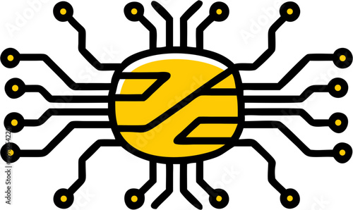 Stylized electronic circuit board chip representing technology innovation data processing artificial intelligence and digital connectivity