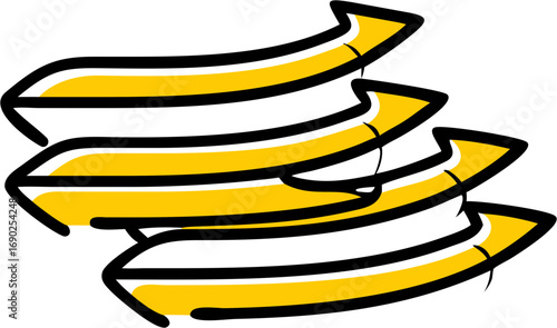 Stacked yellow curved arrows pointing in the same direction showing progress momentum and forward movement in a cycle