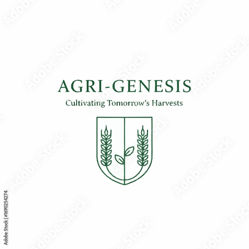 Logo for Agri-Genesis, featuring a green shield with wheat stalks and a sprout, symbolizing growth and agriculture.