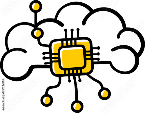 Innovative cloud computing technology integration with a central processor chip representing artificial intelligence and digital transformation concepts