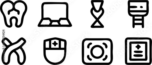 Collection of modern line icons representing medical dental and technological concepts like teeth laptops dna symbols and healthcare related emblems