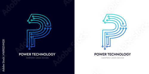 P title electronics line for privacy tech brand logo. Futuristic data privacy protection or proxy innovation computing technology text letter with cyber typographic in gradient blue logotype.
