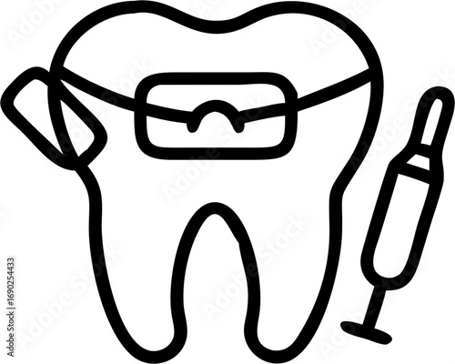 Orthodontic braces on a tooth with dental syringe and extraction tool symbols for alignment treatment and dental procedures