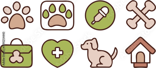 A collection of cute pet care icons featuring paw prints medical kit dog house bone syringe and a loving heart