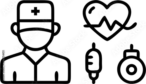 A minimalist and cohesive set of outline vector icons representing medical services, including a surgeon, cardiology EKG, intravenous therapy, and diagnostics