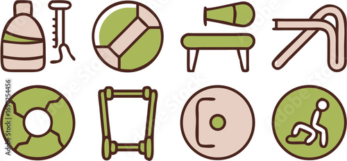 Cohesive outline vector icon set featuring essential fitness equipment, sports accessories, and various workout activities for health and active lifestyle design