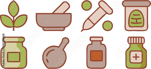 A collection of flat vector icons representing medical and health-related items, including a mortar and pestle, syringe, jars, and a clyster, perfect for healthcare and wellness themes