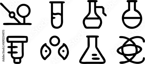 A collection of science and laboratory icons including test tubes flasks syringes and atomic symbols representing research and discovery