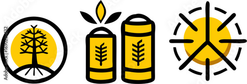 Collection of yellow abstract icons representing nature growth symbols like trees crops and sun energy resources