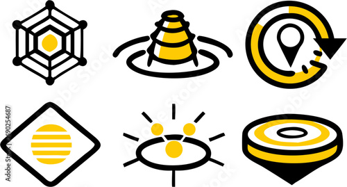 Collection of six abstract geometric icon symbols representing concepts like network connection center target goal strategy innovation idea and focus