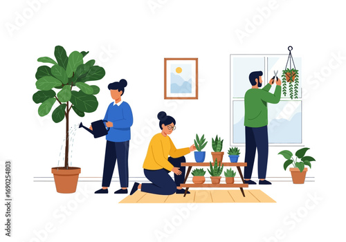Three people tending to house plants in sunlit indoors. Suitable for lifestyle blogs, gardening websites, and home decor articles.