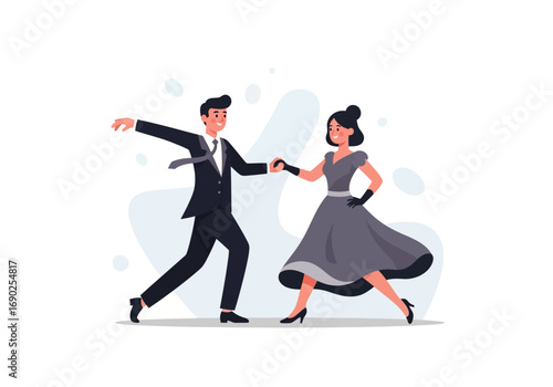 Joyful man and woman in formal attire dancing together, smiling widely. Suitable for wedding, celebration, joy, and love concepts.