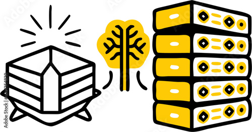 Data analysis concept showing a glowing crystal representing insight and a stack of servers symbolizing technology and information storage