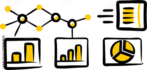 Data visualization and analysis for business insights reports showing growth trends and network connections for strategic planning