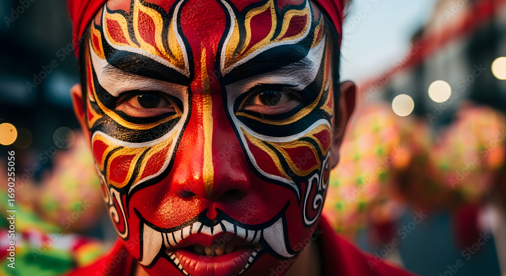 Naklejka premium Intense Face Paint Portrait for Chinese New Year Celebration
