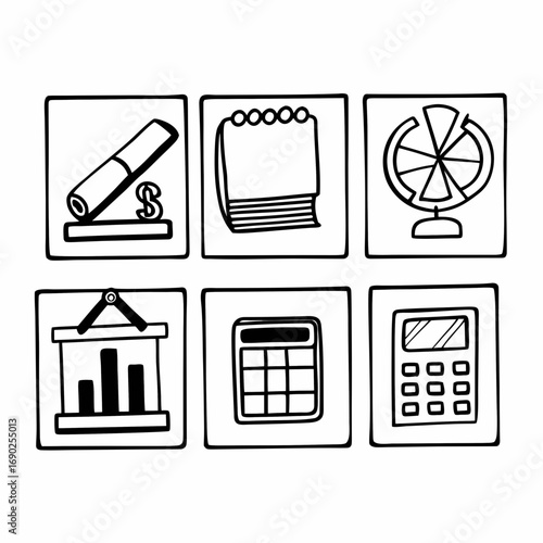 Illustration of marker, notebook, globe, presentation board, and calculator