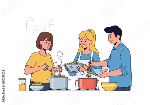 Three smiling people cooking food in a simple kitchen. Suitable for cooking classes or family bonding concepts.