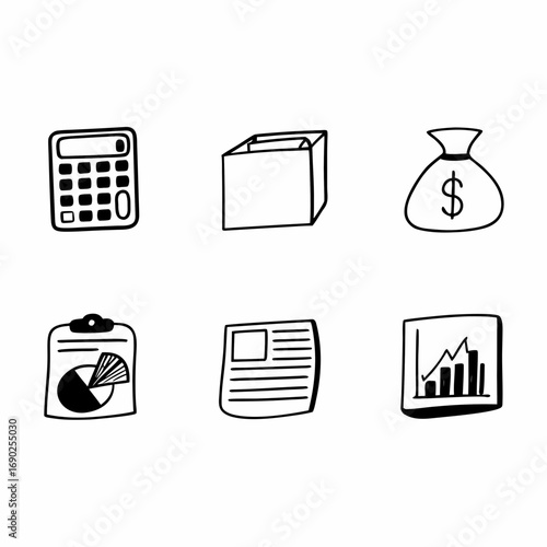 Hand drawn business icons, including calculator, box, money bag, graph and newspaper
