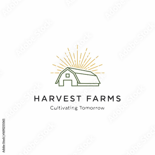 Line art logo of a barn with sunburst, Harvest Farms, cultivating tomorrow.