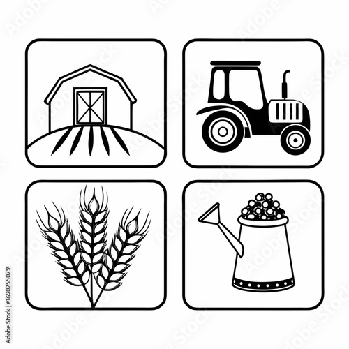 Illustration of agriculture icons including barn, tractor, wheat and watering can