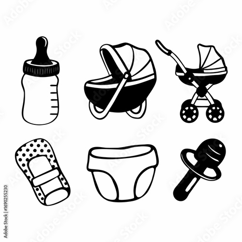 Illustration of baby items, including a bottle, stroller, diaper and rattle