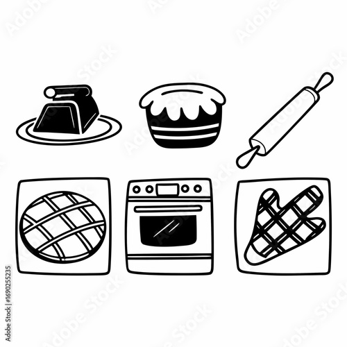 Illustration of baking items, including a cake, oven and rolling pin