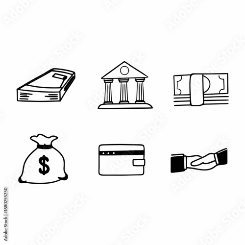 Hand drawn banking and finance icons money, bank, credit card, and more