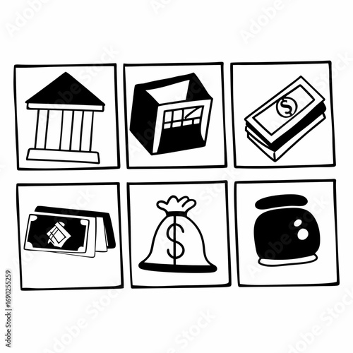 Hand drawn finance elements bank, money, cash, dollar, and other financial assets