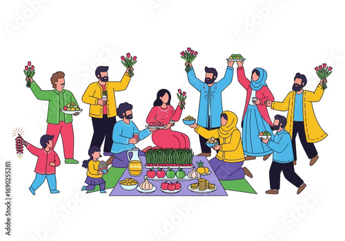 People celebrating nowruz with food and flowers, ideal for festive marketing campaigns, cultural diversity concepts, and spring celebration visuals.