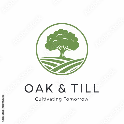 The Oak & Till logo features a green tree inside a circle, with fields below and text.
