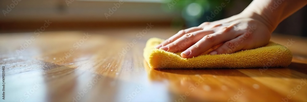 Naklejka premium Close-up shot of a polishing cloth buffing a gleaming wooden surface indoors, revealing the rich grain and deep shine Perfect for home improvement, cleaning, and DIY projects , domestic, indoor