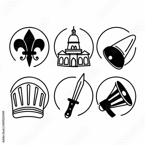 Illustration of fleurdelis, building, megaphone, helmet, sword and speaker