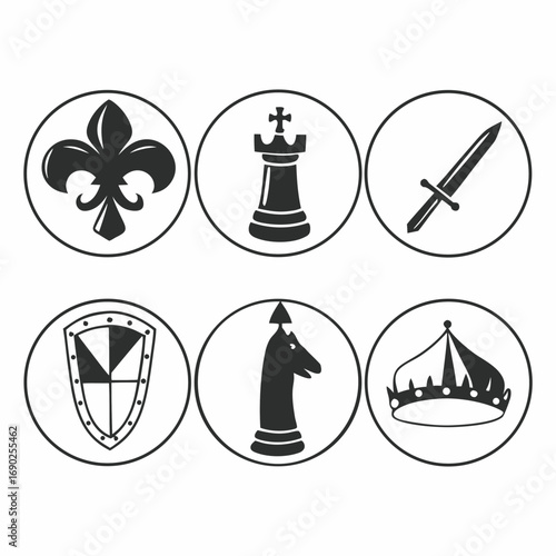Illustration of fleurdelis, rook, sword, shield, knight and crown