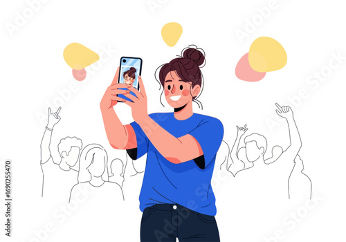 Smiling woman takes a selfie in a crowd, suitable for social media and communication concepts. Perfect for marketing materials.
