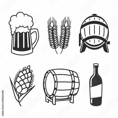 Beer brewing ingredients and equipment icons wheat, hops, barrel, mug, bottle