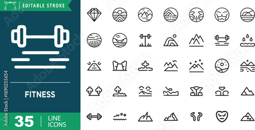 Fitness and Exercise Line Icons Set with Dumbbells and Mountains Keywords: fitness, exercise, icons, dumbbell, barbell, weight, gym, workout, training, sport, health, lifestyle