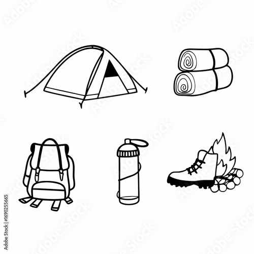Camping equipment vector illustration tent, sleeping bag, backpack, water bottle, and hiking boot
