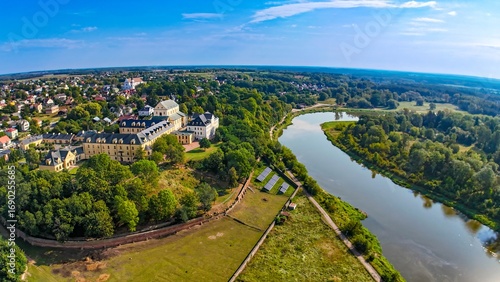 Aerial panoramic view of the scenic town of Drohiczyn and the Bug River bend