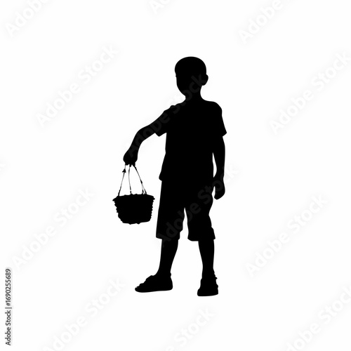 Silhouette of a boy asking for work from a shopkeeper isolated on white background