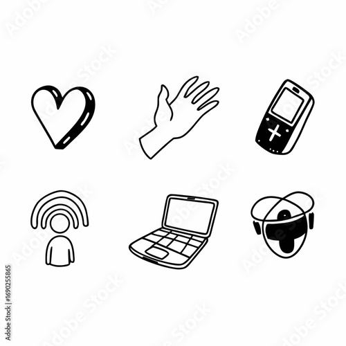 Hand drawn icons of heart, hand, phone, wifi, laptop and vr headset