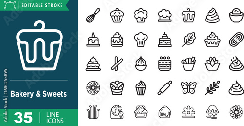 Bakery and Sweets Line Icons Set with Cupcakes and Pastries Keywords: bakery, sweets, icons, cupcake, cake, pastry, dessert, food, baking, whisk, rolling pin, dough, cookie