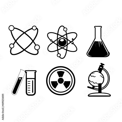 Illustration of science and chemistry icons, including atoms and test tubes