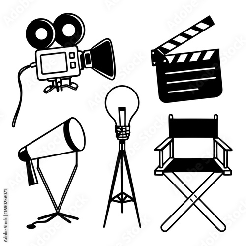 Collection of movie icons in doodle style filmmaking and cinema concept