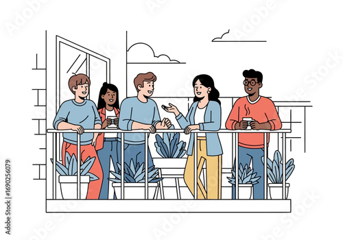 Five people stand on a balcony with drinks and plants, enjoying themselves. Suitable for vacation or lifestyle content.