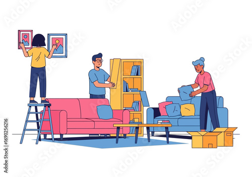 People arranging furniture, pictures, and a bookshelf in a living room. Suitable for interior design, home decor, and lifestyle concepts.
